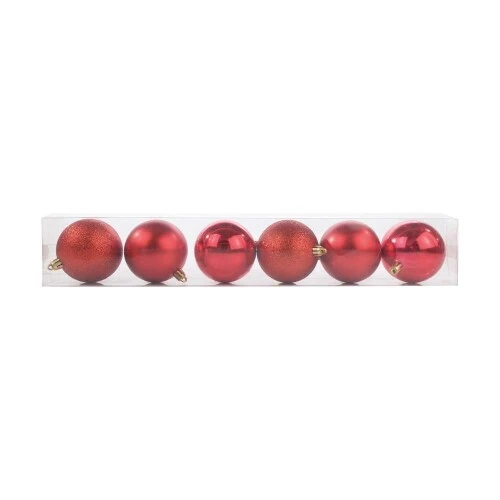 Bolas de Natal Cromus em Tubo  Vermelha  8cm  6 Unidades (Brilho, Fosco e Glitter)