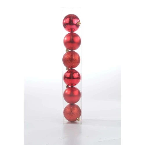 Bolas de Natal Cromus em Tubo  Vermelha  8cm  6 Unidades (Brilho, Fosco e Glitter)