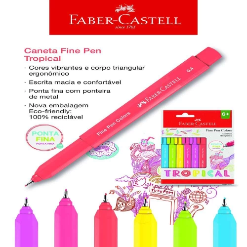 Caneta Fine Pen Colors Tropical - Estojo c/6 unidades - Faber Castell