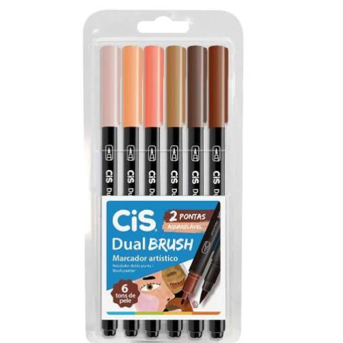 Caneta Pincel Dual Brush Aquarelável com 6 Cores Tons de Pele- Cis