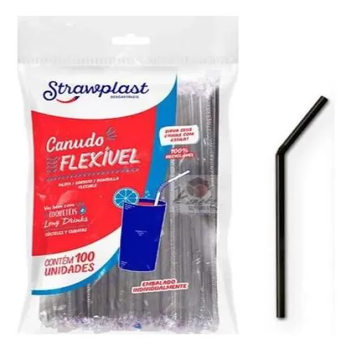 Canudo Flexível Preto c/100 un - Strawplast