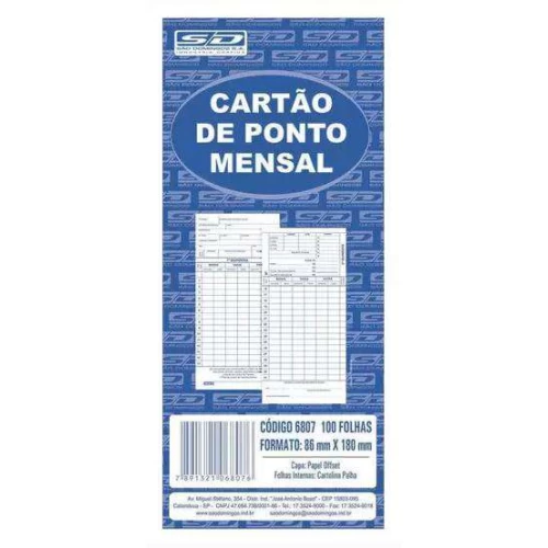 Cartão Ponto Mensal 100 Folhas - São Domingos