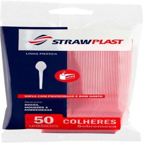 Colher Linha Leve Sobremesa Rosa Strawplast - Pacote com 50 Unidades