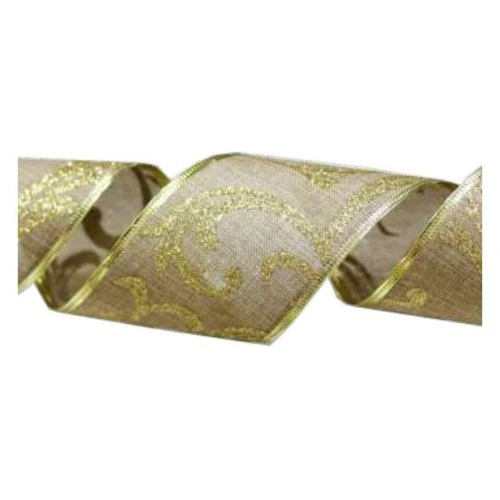 Fita Decorativa Aramada de Natal Palha c/Dourado - 6,3 cm