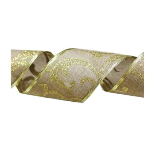 Fita Decorativa Aramada de Natal Palha c/Dourado - 6,3 cm