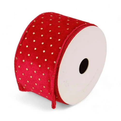 Fita Decorativa Aramada de Veludo Vermelha com Poás Dourados  Cromus  6,3cm x 4,57m