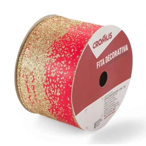 Fita aramada Cromus xadrez vermelho e dourado, 6,3cm × 9,14m.