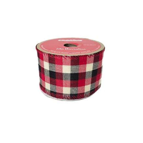 Fita de Natal para Presente Cromus  Xadrez Vermelho Preto Bege 6,3cm x 9,14 Metros