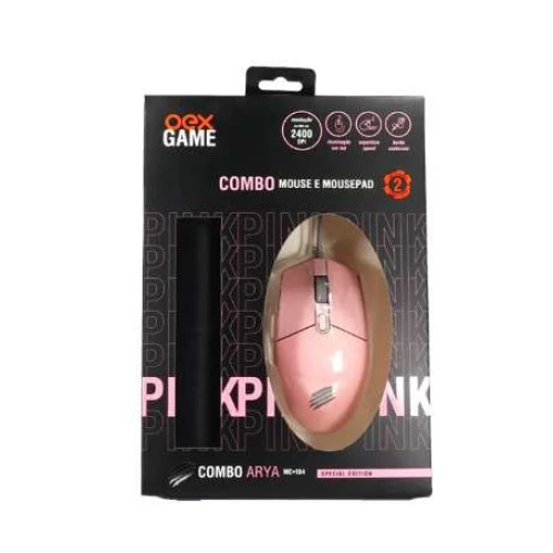 Mouse Com Fio Oex Arya Kit Com Mousepad MC104 Preto E Rosa