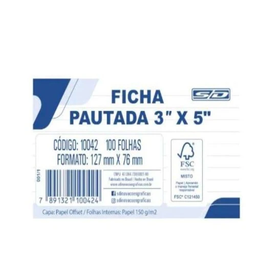 Pacote de Ficha Pautada 3x5 com 100 Unidades