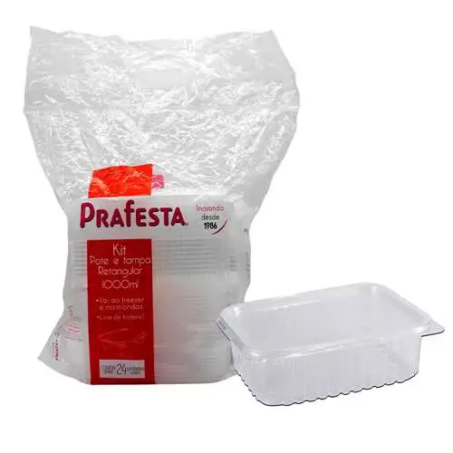 Pote Marmita Retangular Prafesta c/ Tampa 1000ml C/24 Unidades Freezer e Microondas